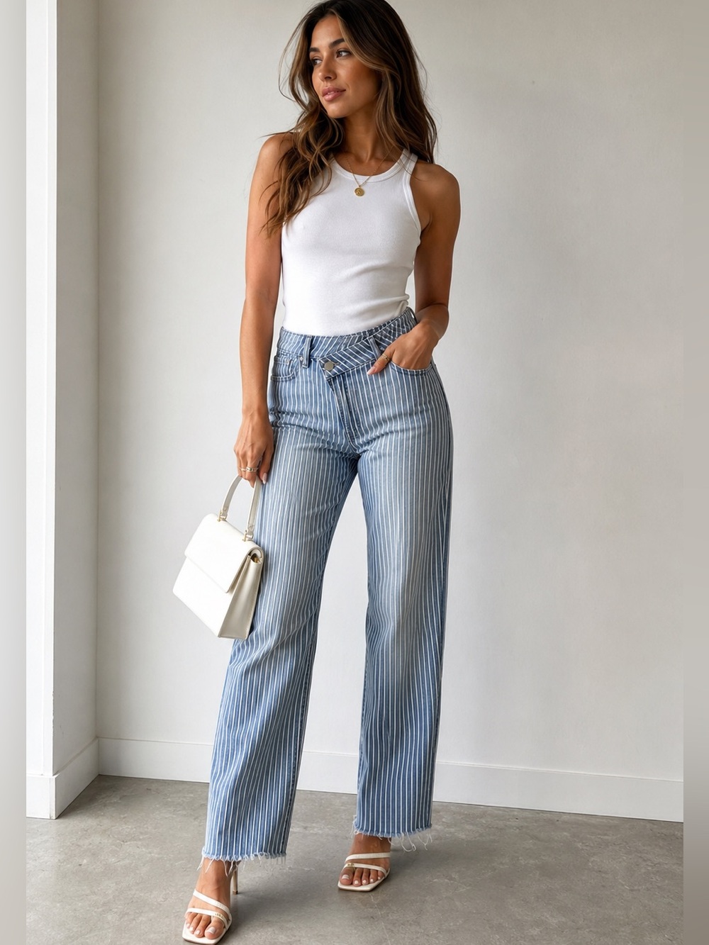 Aqua High Rise Blue Pin Stripe Wide-Leg Jeans Asymmetrical Waist Raw Hem